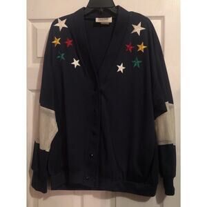 Vintage Sara Navy Blue Star Cardigan Sweater Women's Size Large Mesh Sleeves